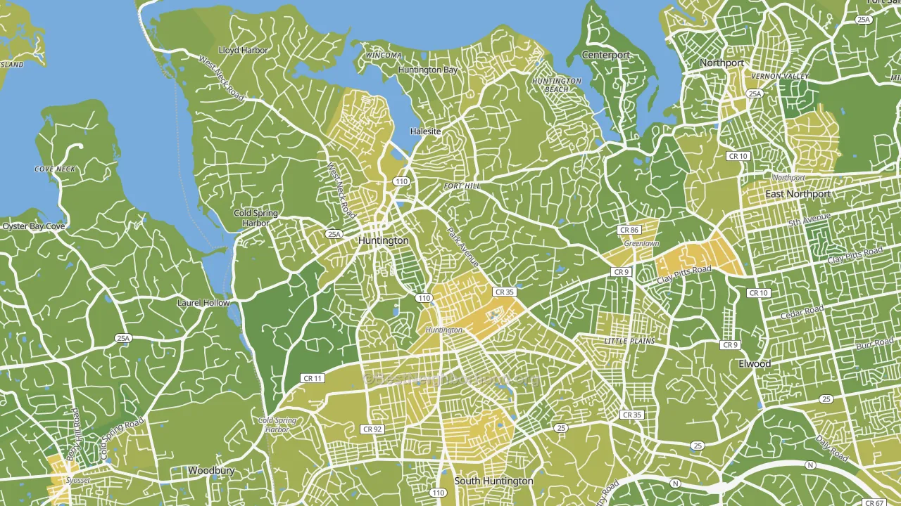 Map of the best neighborhoods in the 11743 area, with better matches in green and worse matches in red