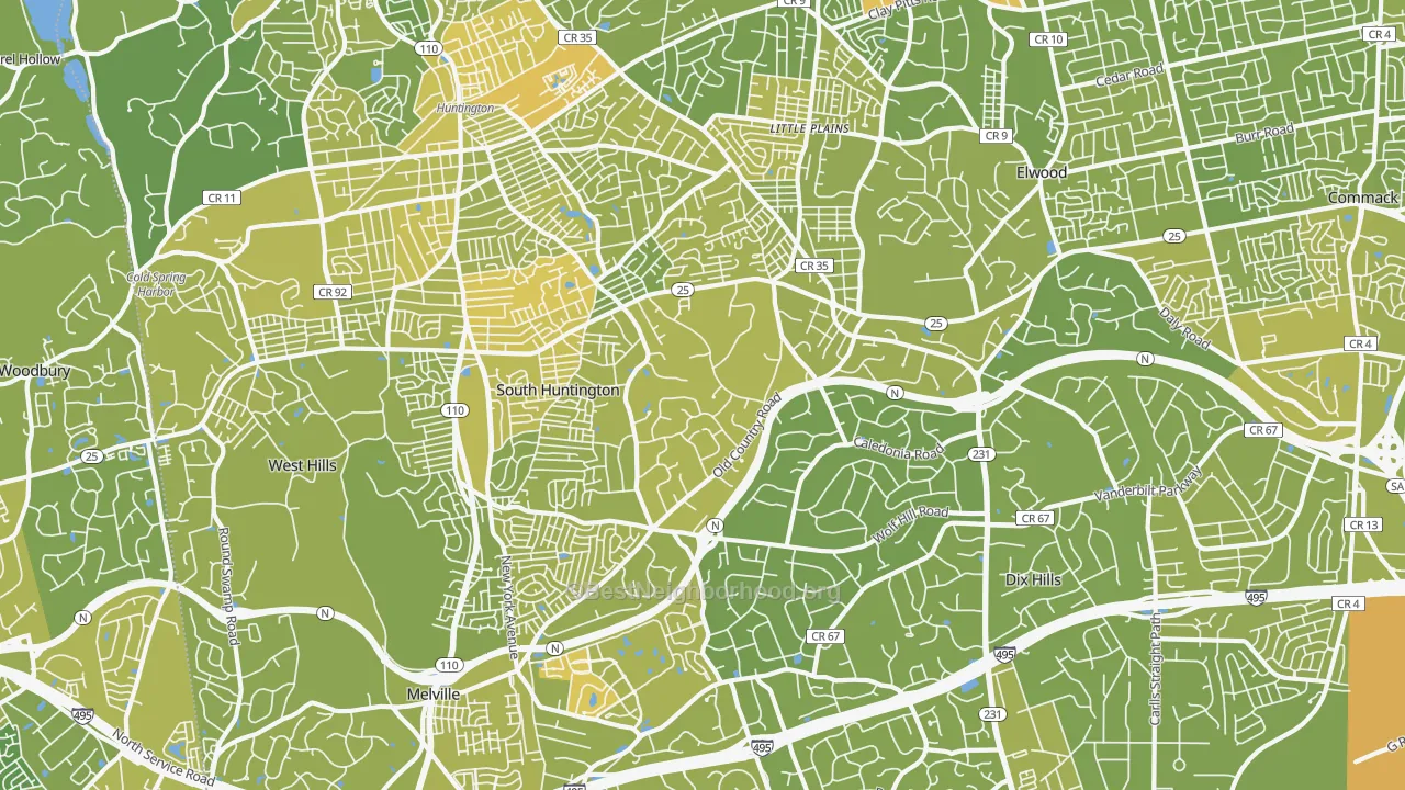 Map of the best neighborhoods in the 11746 area, with better matches in green and worse matches in red