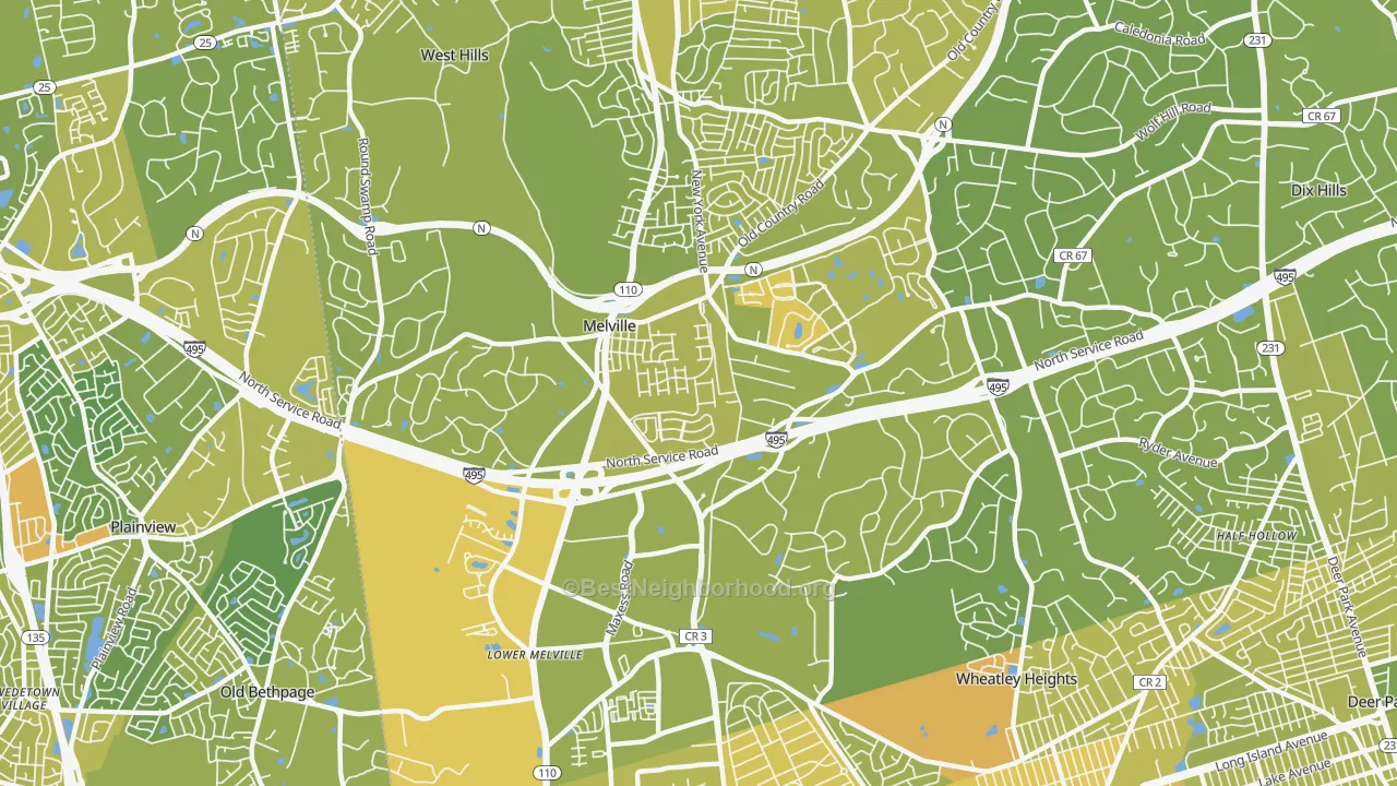 Map of the best neighborhoods in the 11747 area, with better matches in green and worse matches in red