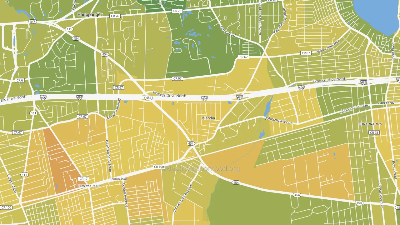 Map of the best neighborhoods in the 11749 area, with better matches in green and worse matches in red