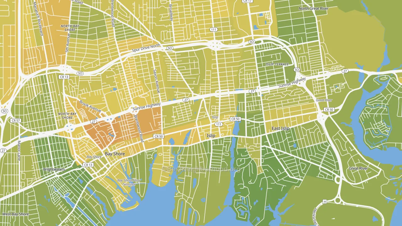 Map of the best neighborhoods in the 11751 area, with better matches in green and worse matches in red