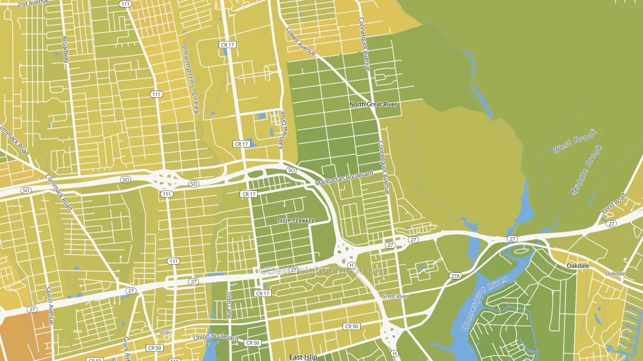 Map of the best neighborhoods in the 11752 area, with better matches in green and worse matches in red