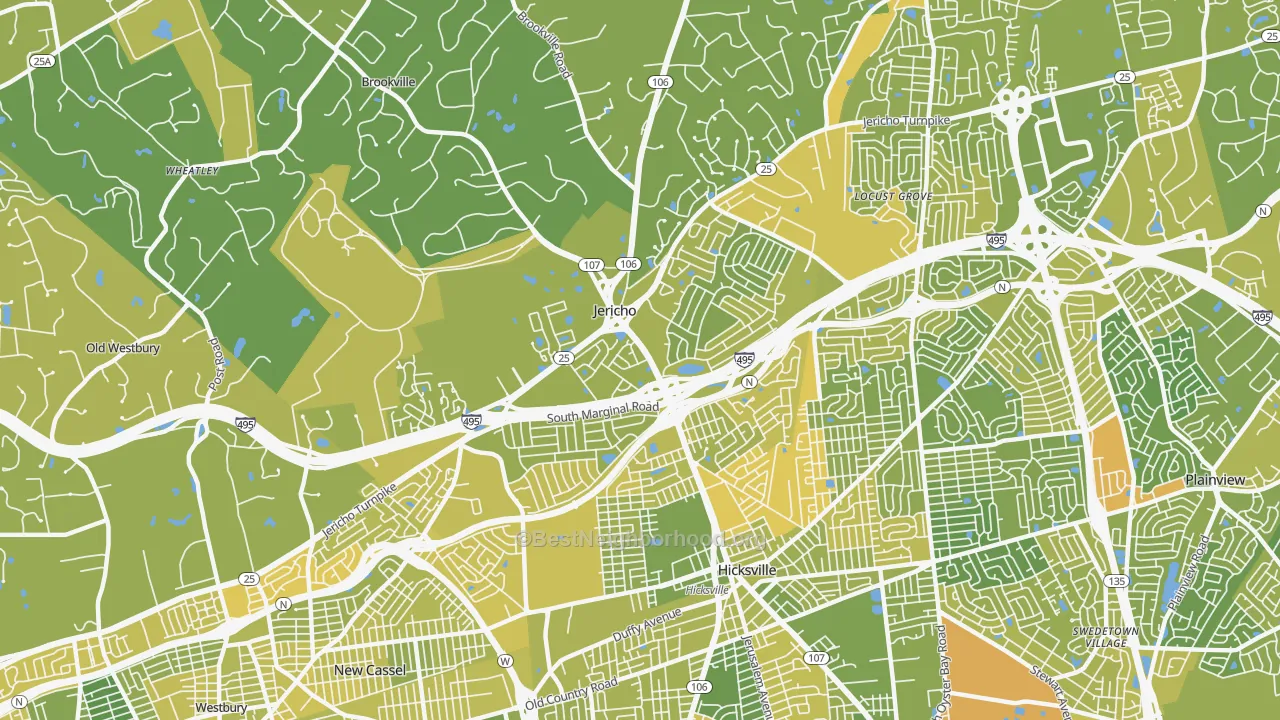 Map of the best neighborhoods in the 11753 area, with better matches in green and worse matches in red