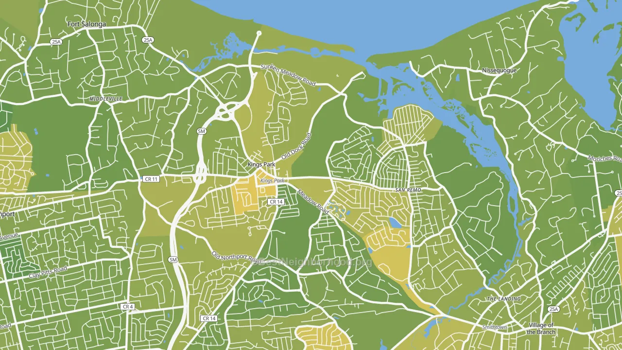 Map of the best neighborhoods in the 11754 area, with better matches in green and worse matches in red