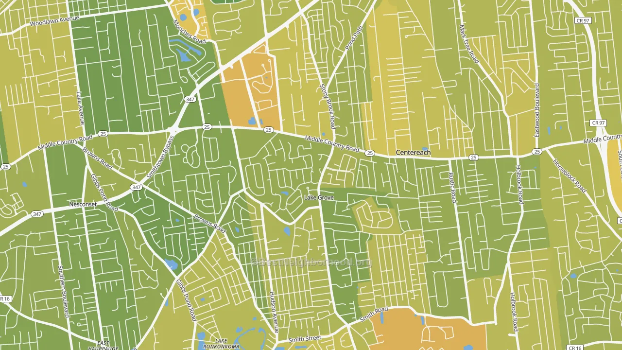 Map of the best neighborhoods in the 11755 area, with better matches in green and worse matches in red