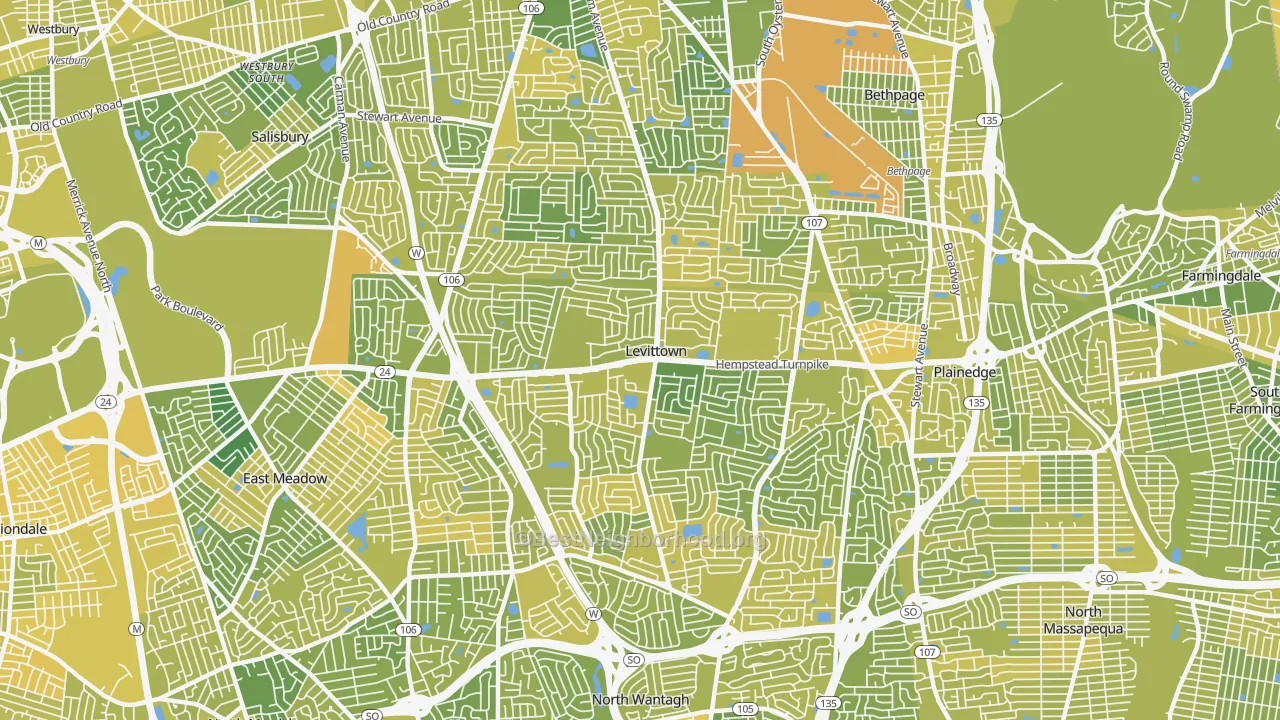 Map of the best neighborhoods in the 11756 area, with better matches in green and worse matches in red