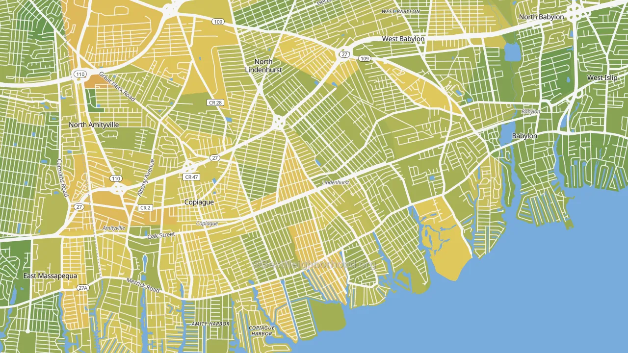 Map of the best neighborhoods in the 11757 area, with better matches in green and worse matches in red
