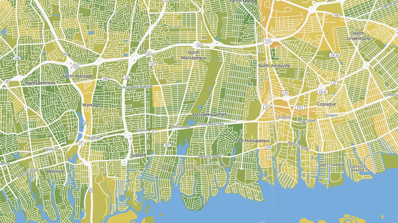 Map of the best neighborhoods in the 11758 area, with better matches in green and worse matches in red