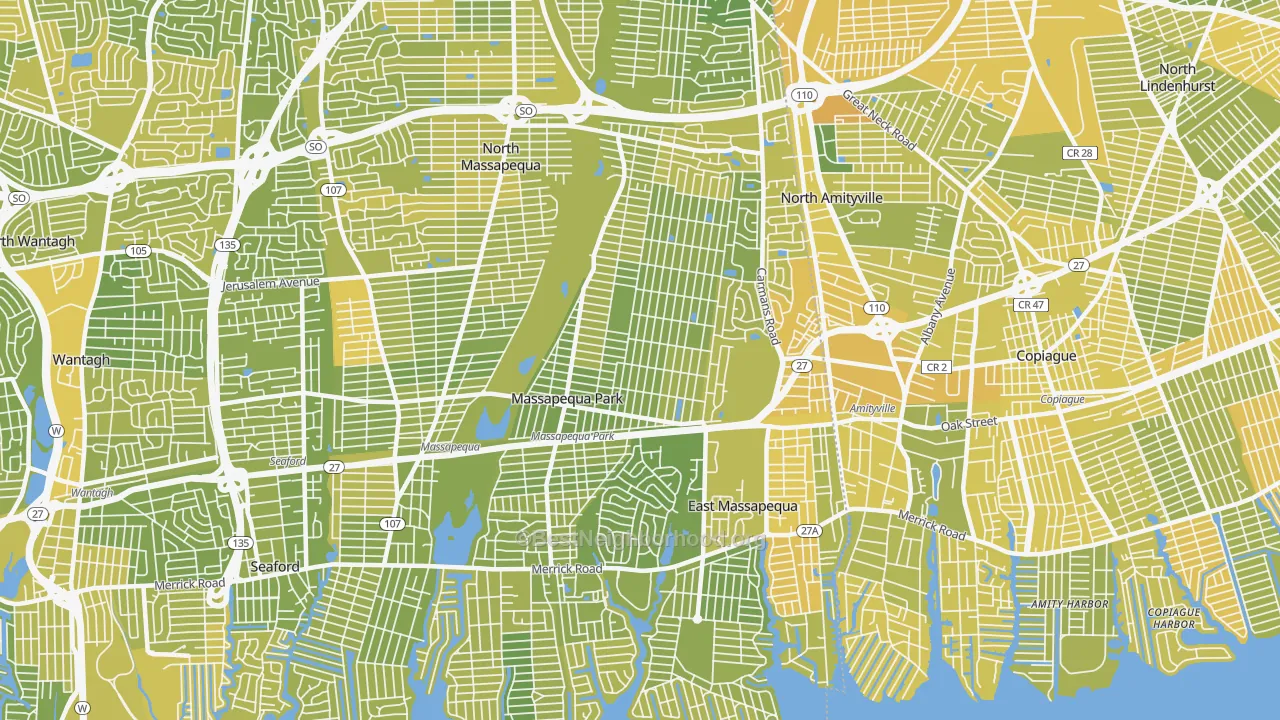 Map of the best neighborhoods in the 11762 area, with better matches in green and worse matches in red
