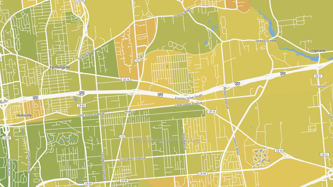 Map of the best neighborhoods in the 11763 area, with better matches in green and worse matches in red