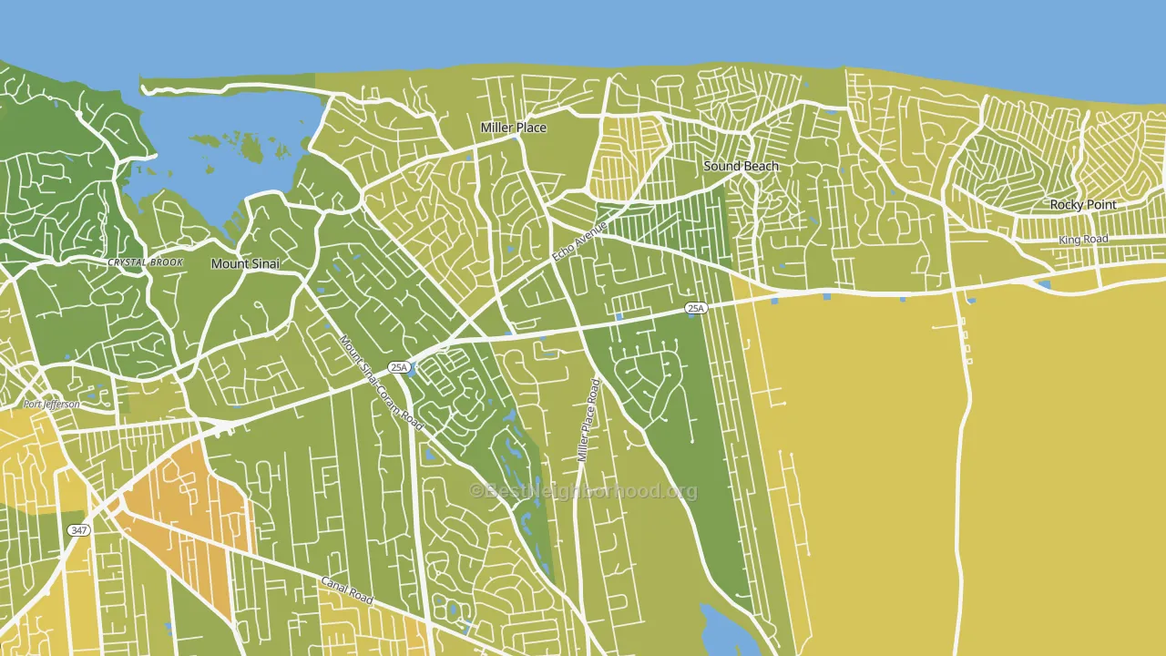 Map of the best neighborhoods in the 11764 area, with better matches in green and worse matches in red