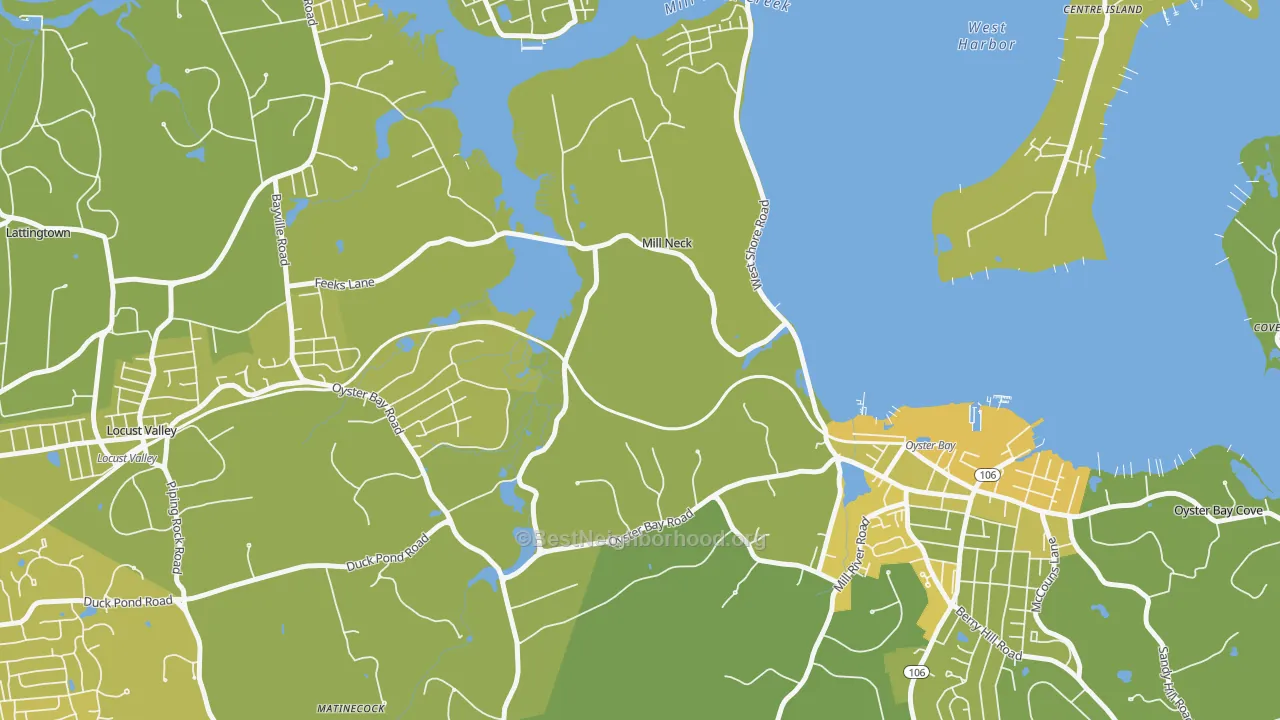 Map of the best neighborhoods in the 11765 area, with better matches in green and worse matches in red