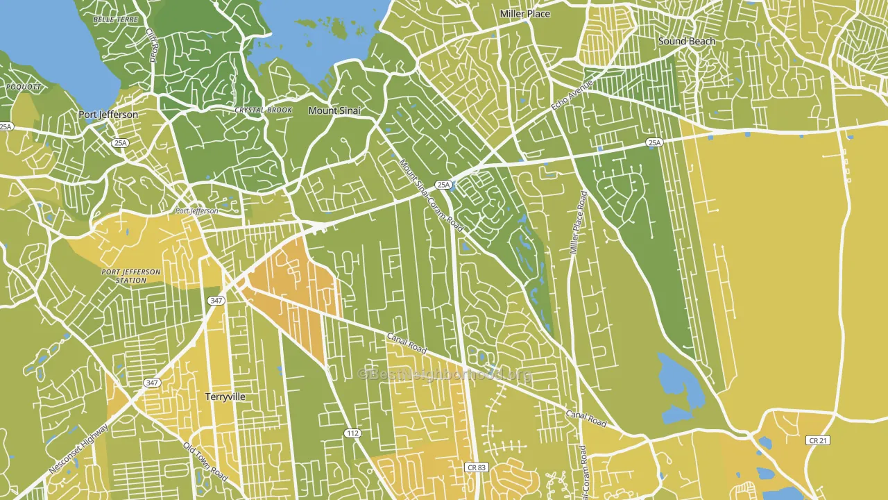 Map of the best neighborhoods in the 11766 area, with better matches in green and worse matches in red