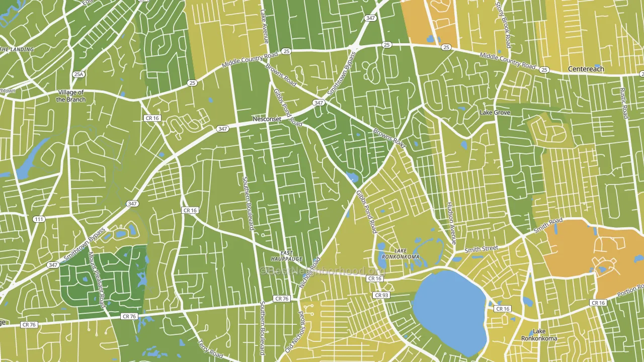 Map of the best neighborhoods in the 11767 area, with better matches in green and worse matches in red
