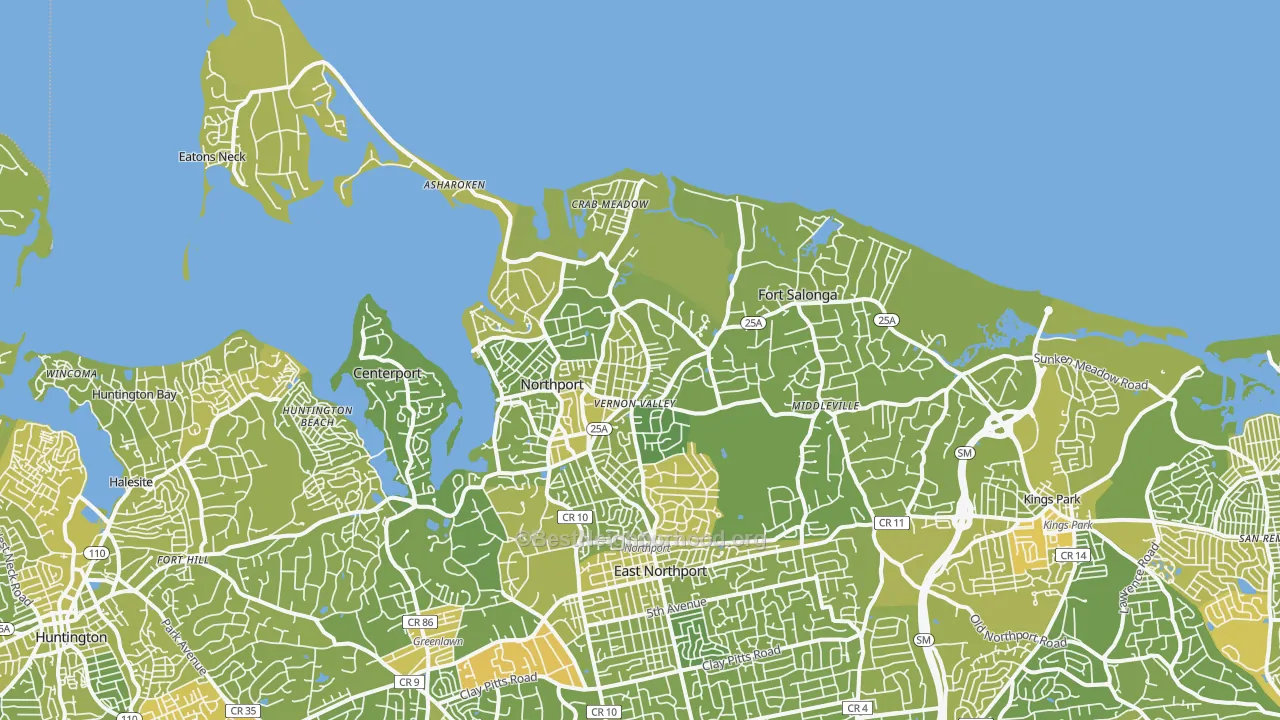 Map of the best neighborhoods in the 11768 area, with better matches in green and worse matches in red