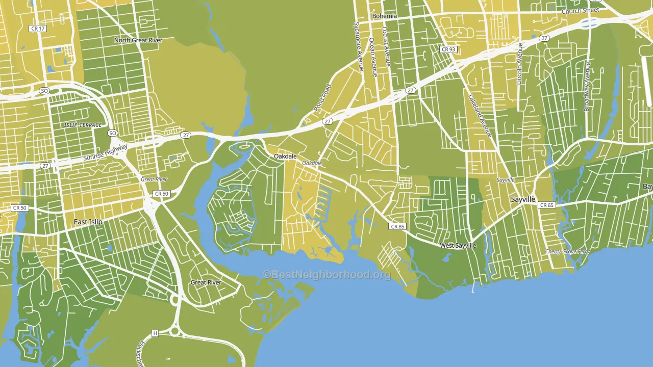 Map of the best neighborhoods in the 11769 area, with better matches in green and worse matches in red