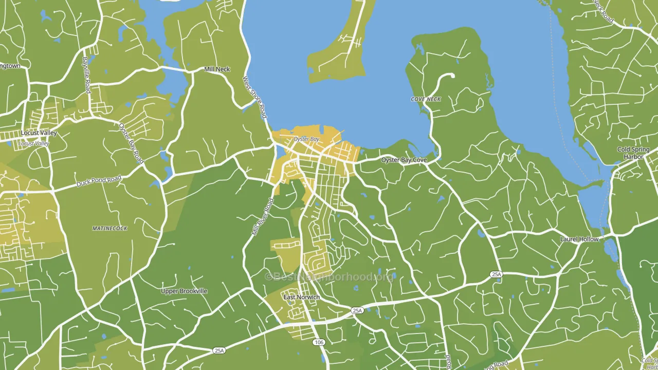 Map of the best neighborhoods in the 11771 area, with better matches in green and worse matches in red