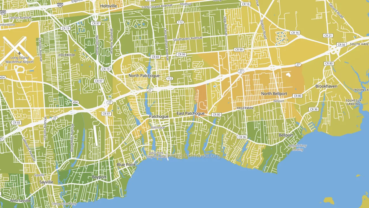 Map of the best neighborhoods in the 11772 area, with better matches in green and worse matches in red