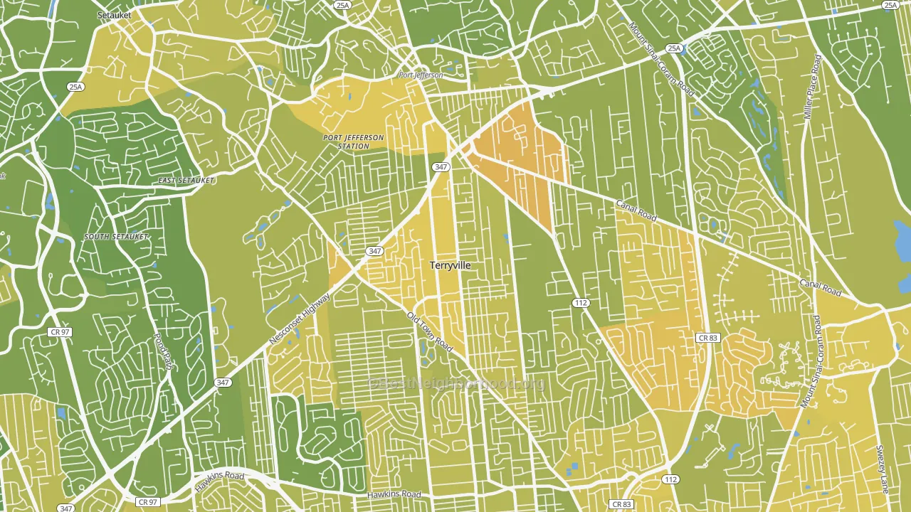 Map of the best neighborhoods in the 11776 area, with better matches in green and worse matches in red