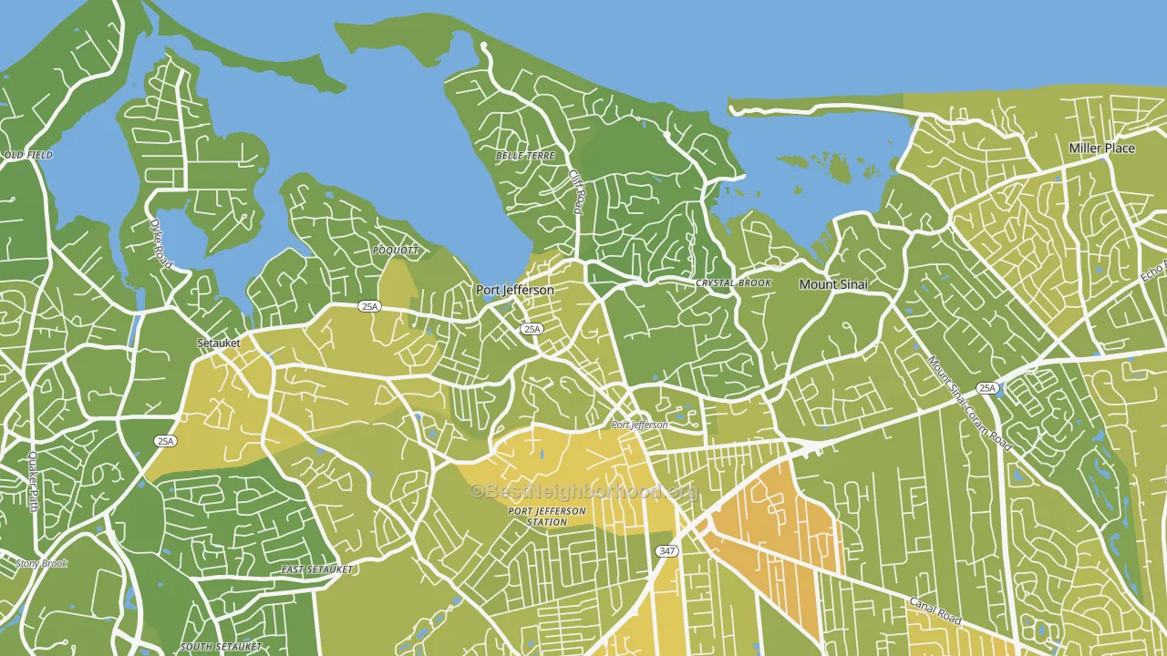 Map of the best neighborhoods in the 11777 area, with better matches in green and worse matches in red