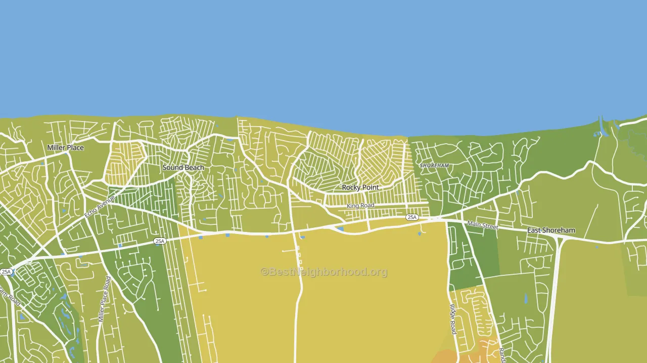 Map of the best neighborhoods in the 11778 area, with better matches in green and worse matches in red