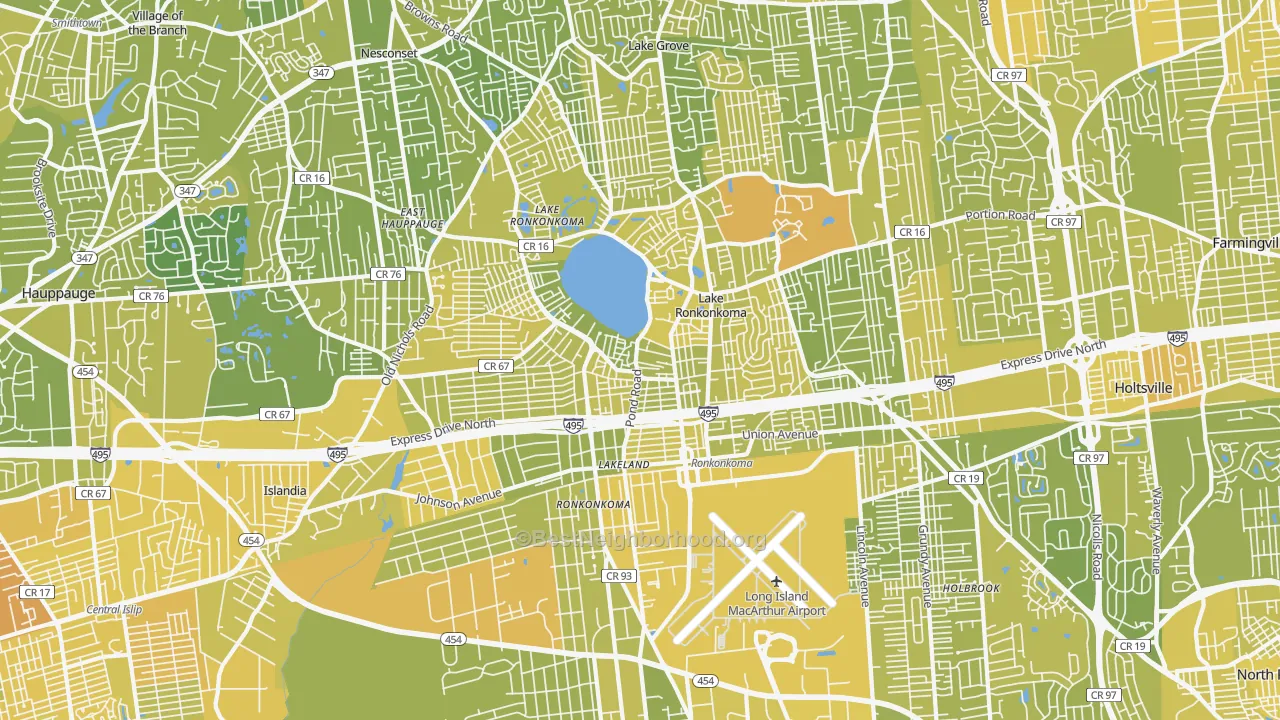 Map of the best neighborhoods in the 11779 area, with better matches in green and worse matches in red