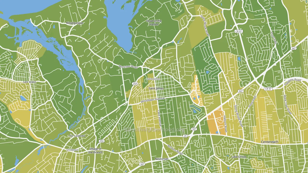 Map of the best neighborhoods in the 11780 area, with better matches in green and worse matches in red