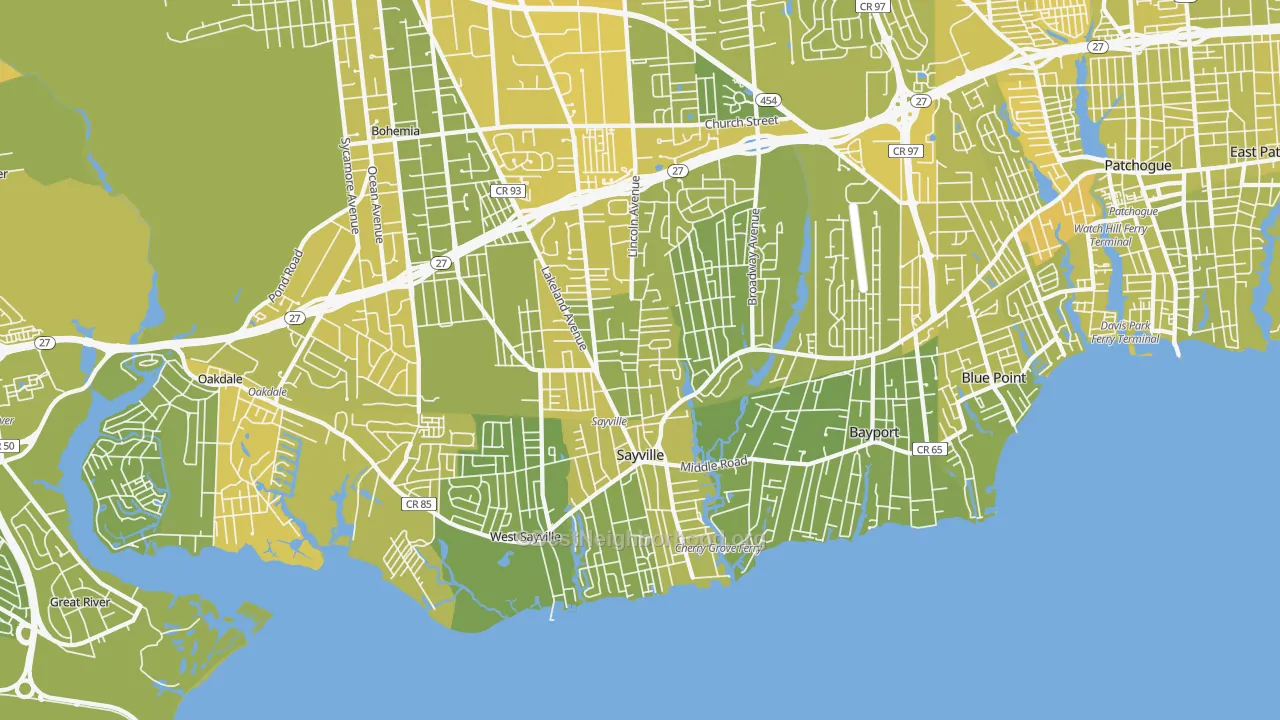 Map of the best neighborhoods in the 11782 area, with better matches in green and worse matches in red