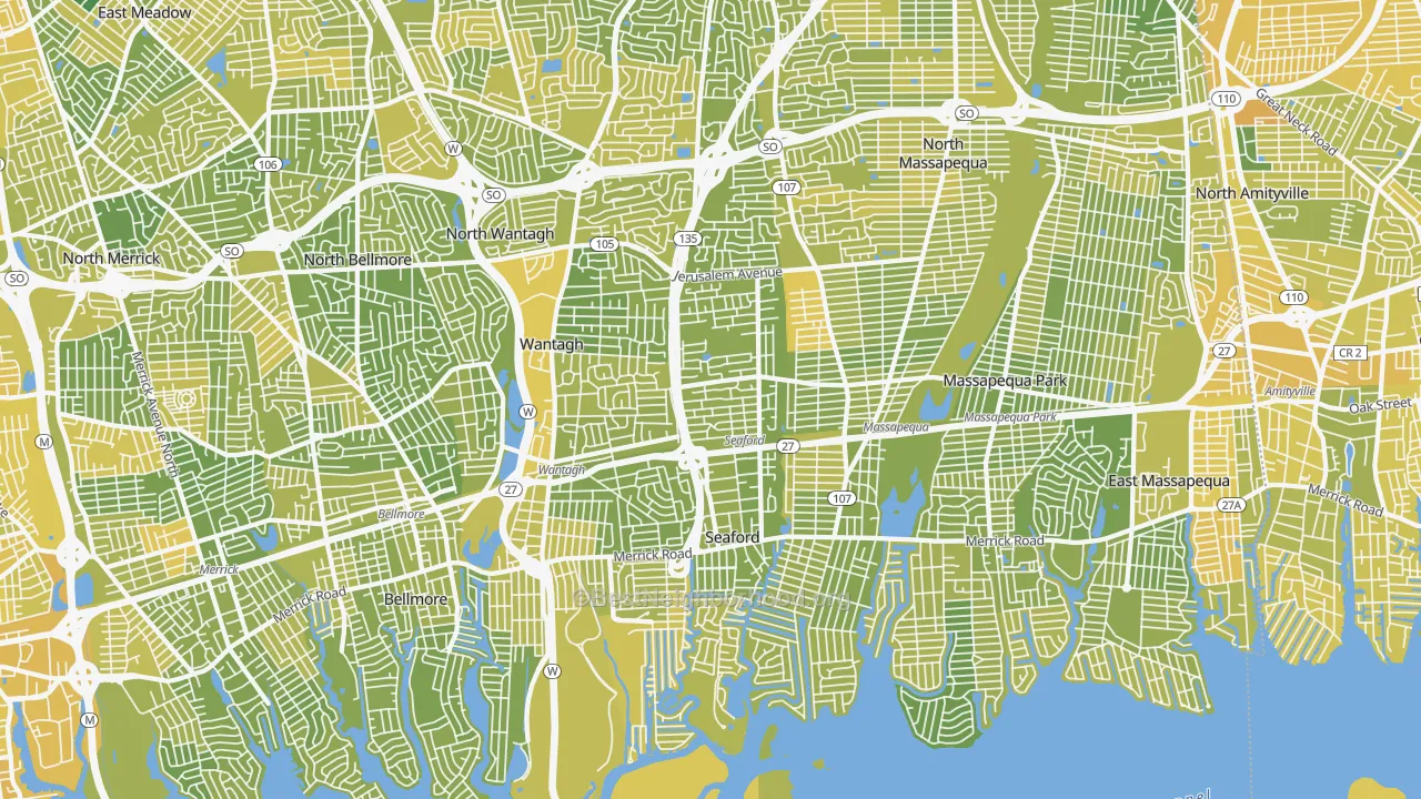 Map of the best neighborhoods in the 11783 area, with better matches in green and worse matches in red