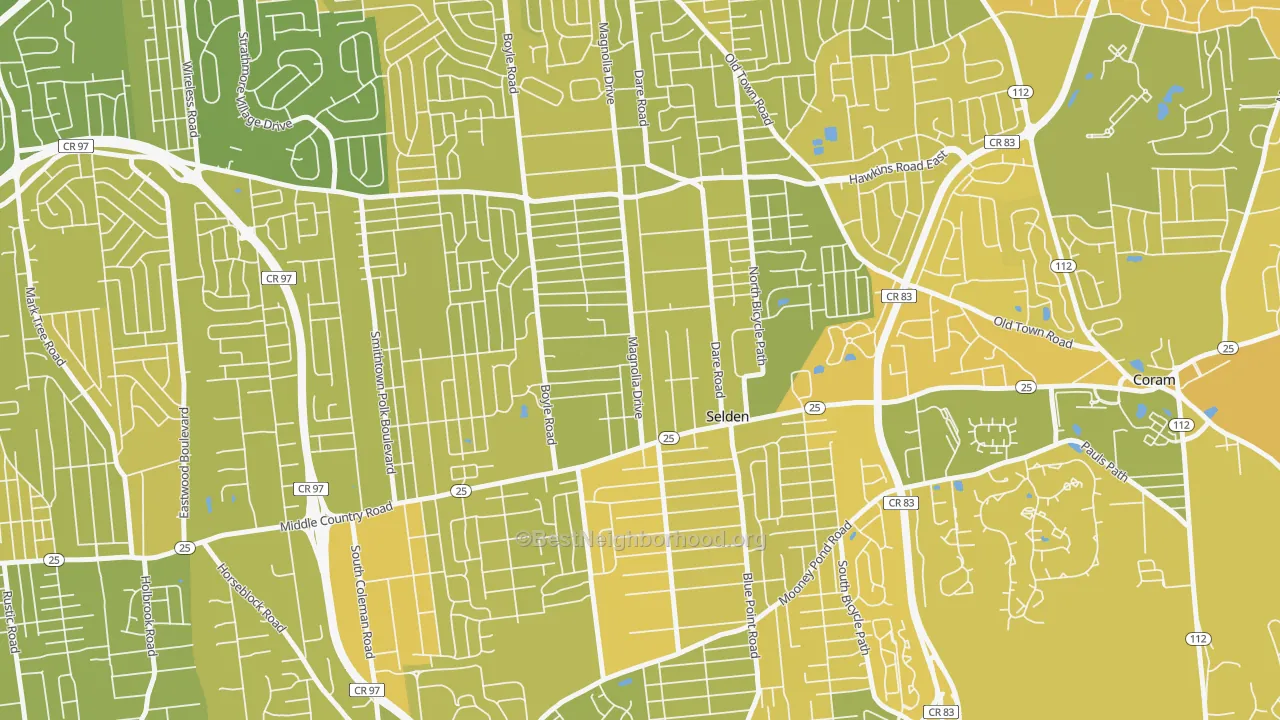 Map of the best neighborhoods in the 11784 area, with better matches in green and worse matches in red
