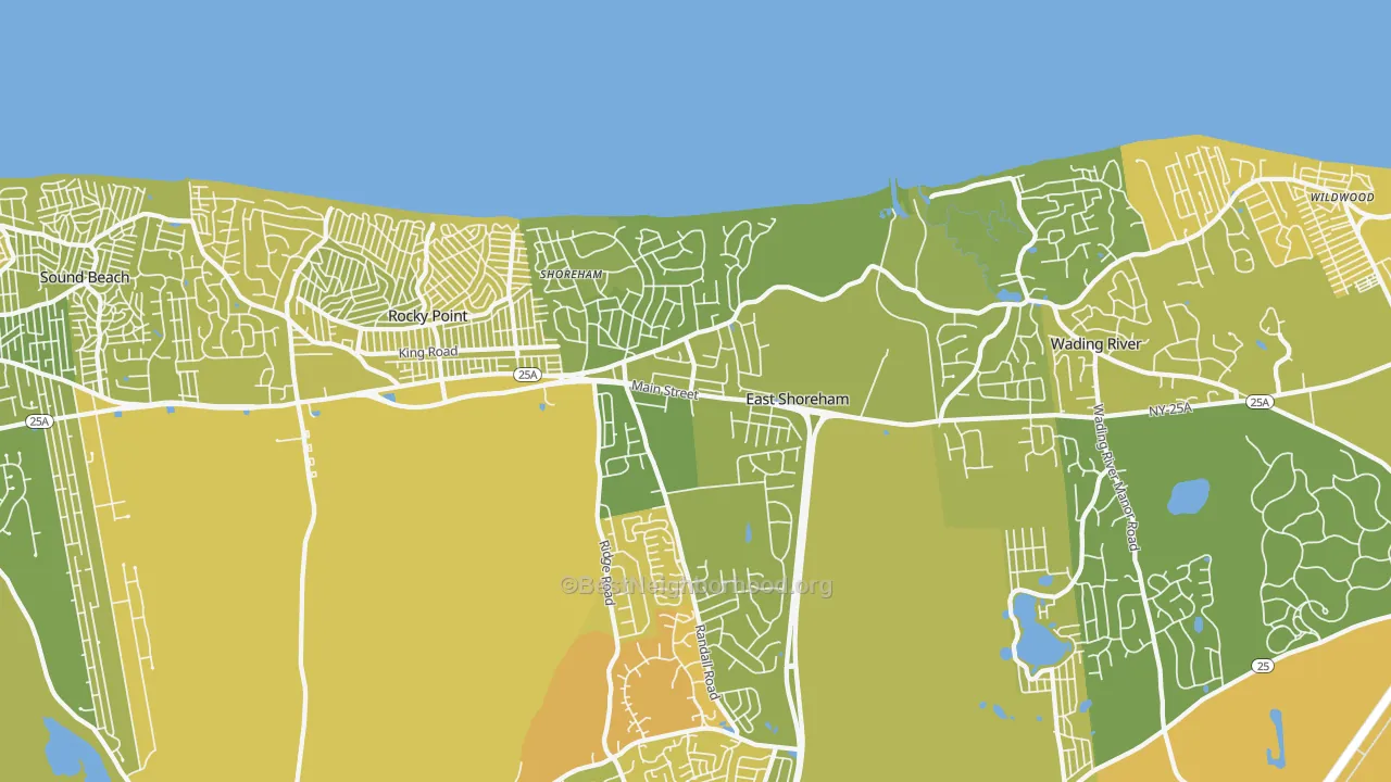 Map of the best neighborhoods in the 11786 area, with better matches in green and worse matches in red