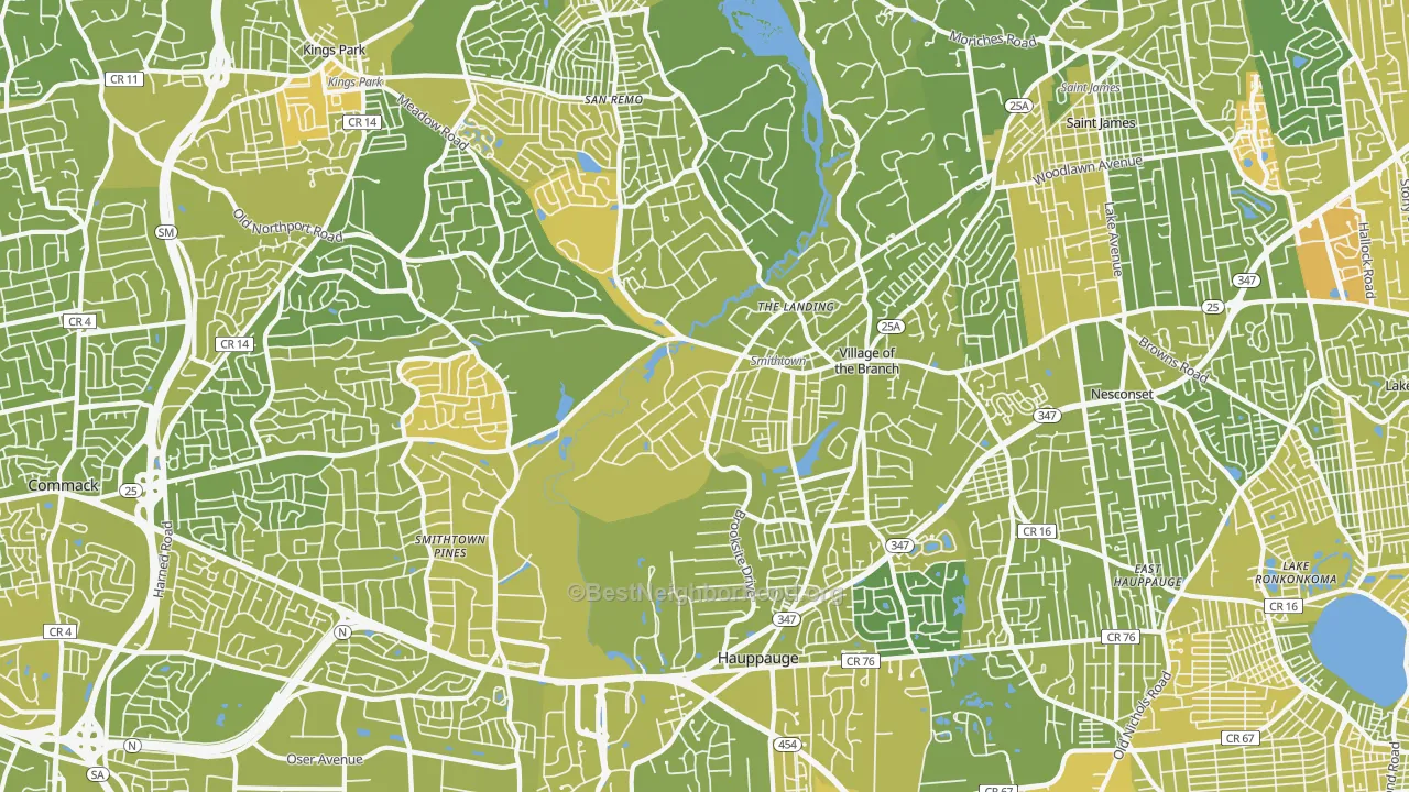 Map of the best neighborhoods in the 11787 area, with better matches in green and worse matches in red
