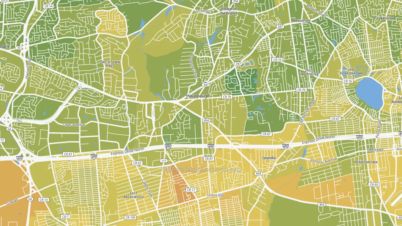 Map of the best neighborhoods in the 11788 area, with better matches in green and worse matches in red