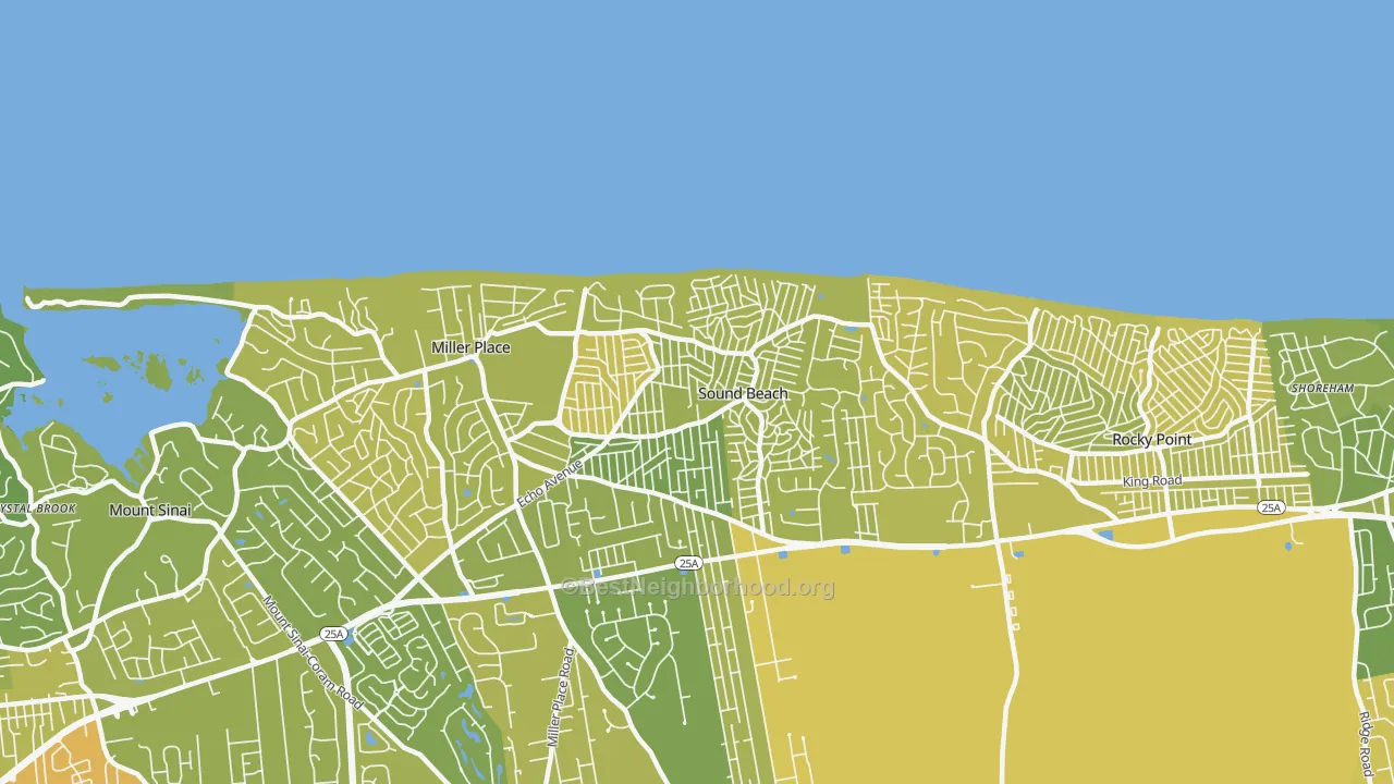 Map of the best neighborhoods in the 11789 area, with better matches in green and worse matches in red