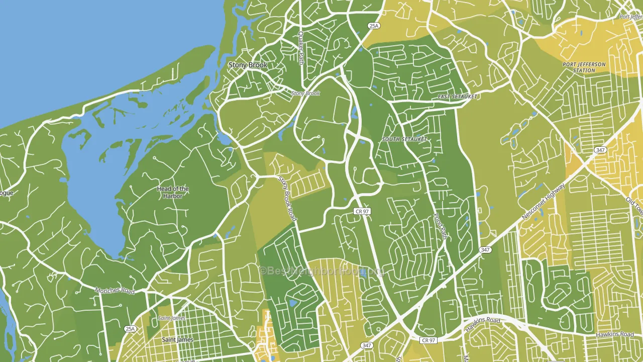 Map of the best neighborhoods in the 11790 area, with better matches in green and worse matches in red