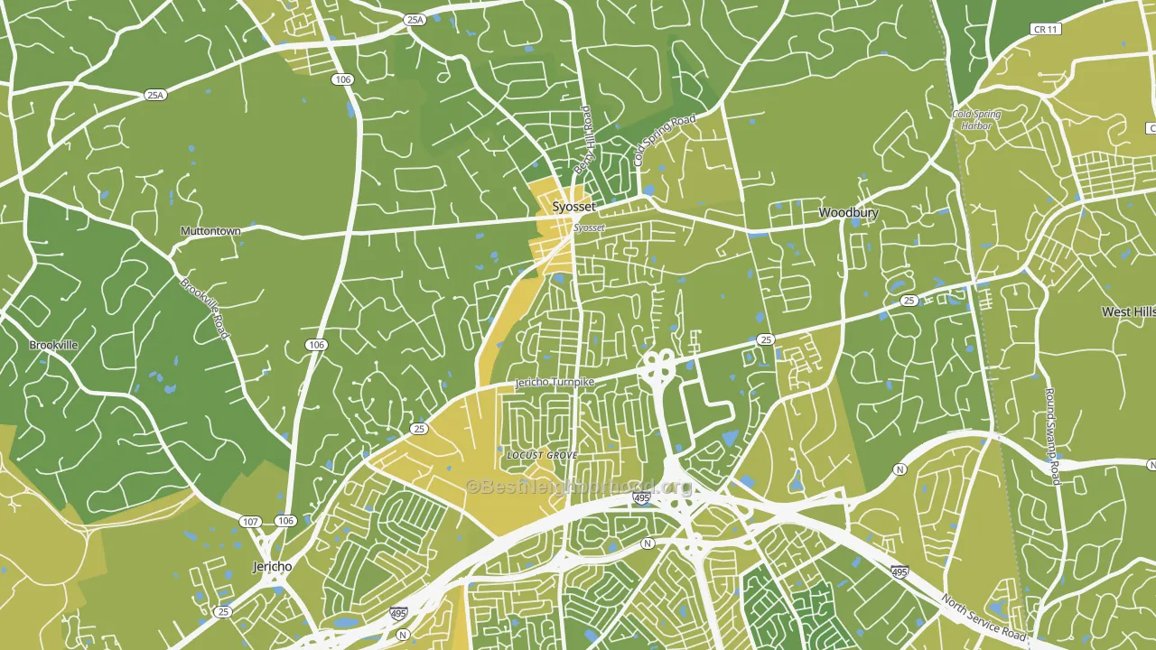 Map of the best neighborhoods in the 11791 area, with better matches in green and worse matches in red