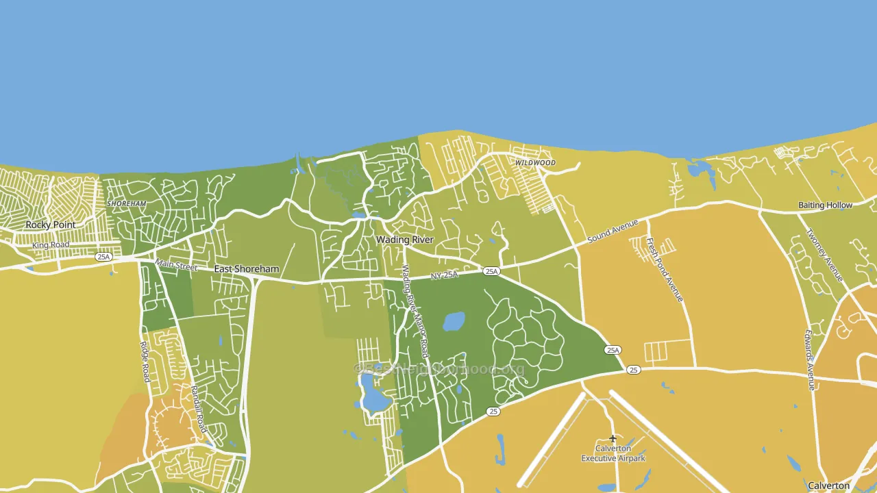 Map of the best neighborhoods in the 11792 area, with better matches in green and worse matches in red
