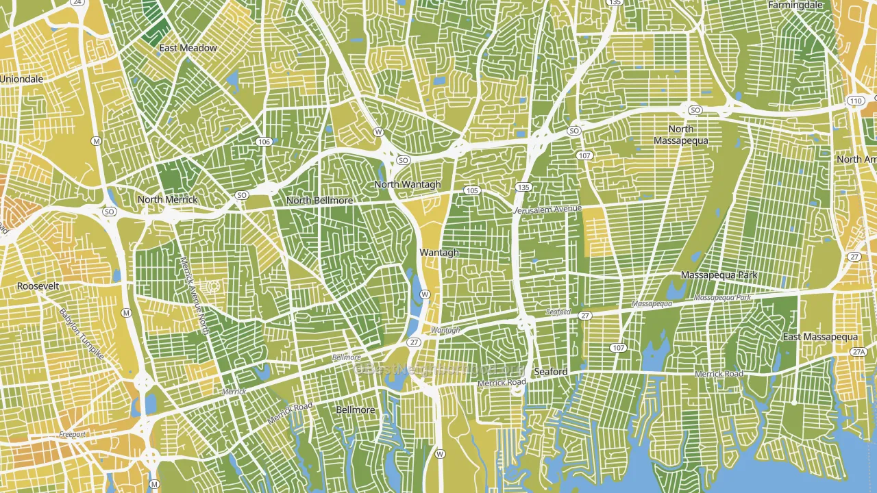 Map of the best neighborhoods in the 11793 area, with better matches in green and worse matches in red