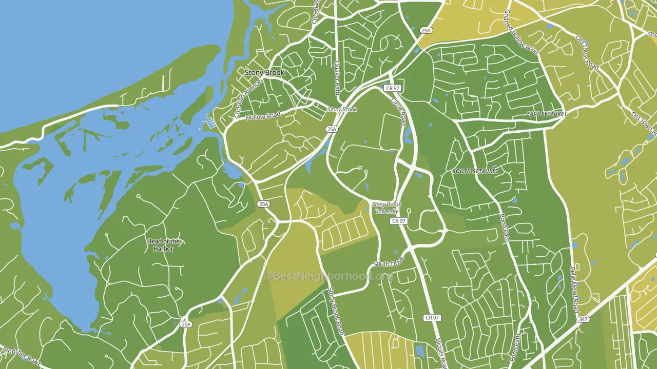 Map of the best neighborhoods in the 11794 area, with better matches in green and worse matches in red