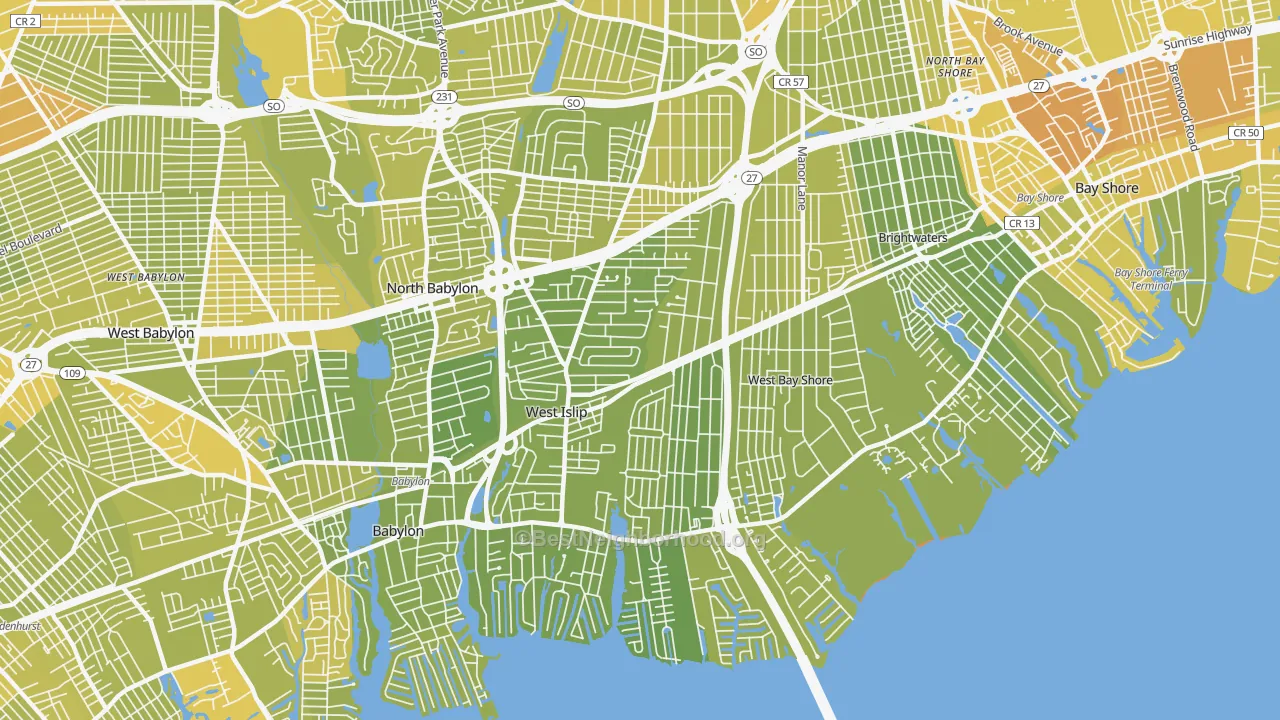 Map of the best neighborhoods in the 11795 area, with better matches in green and worse matches in red