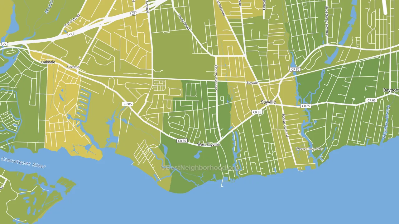 Map of the best neighborhoods in the 11796 area, with better matches in green and worse matches in red
