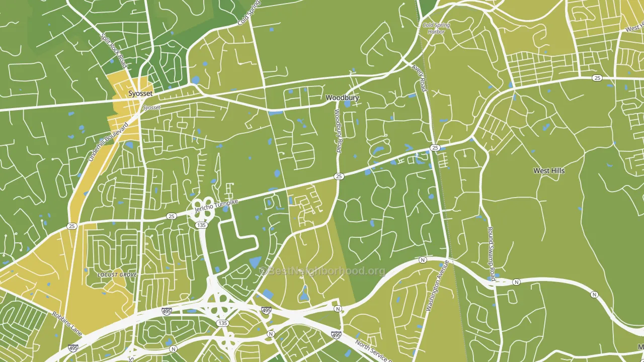 Map of the best neighborhoods in the 11797 area, with better matches in green and worse matches in red