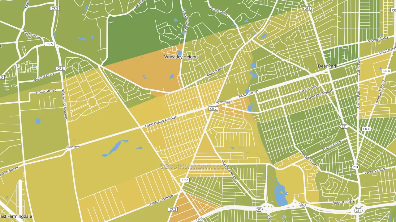 Map of the best neighborhoods in the 11798 area, with better matches in green and worse matches in red