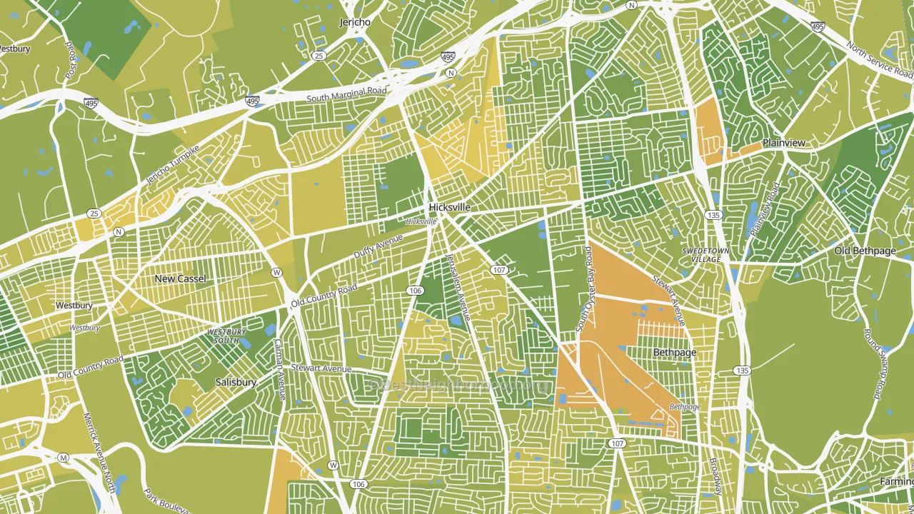 Map of the best neighborhoods in the 11801 area, with better matches in green and worse matches in red