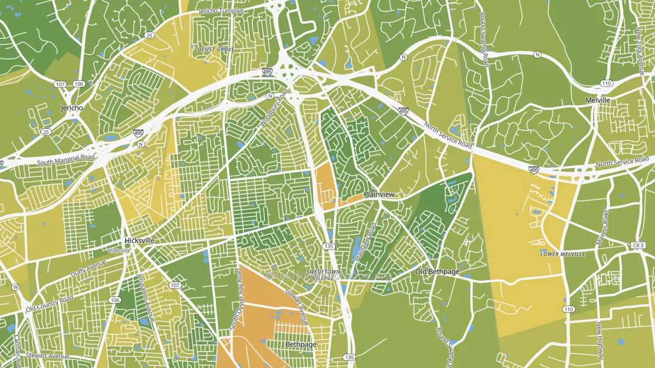Map of the best neighborhoods in the 11803 area, with better matches in green and worse matches in red