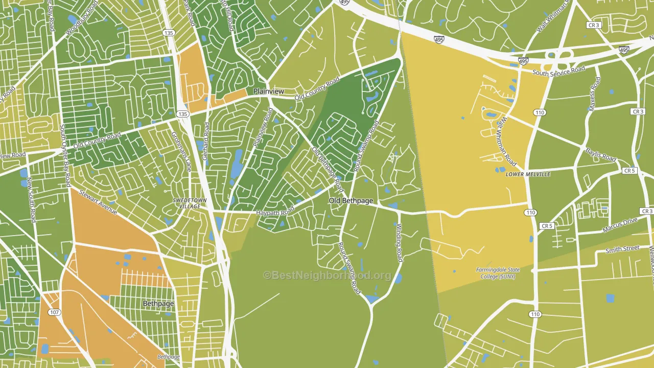 Map of the best neighborhoods in the 11804 area, with better matches in green and worse matches in red