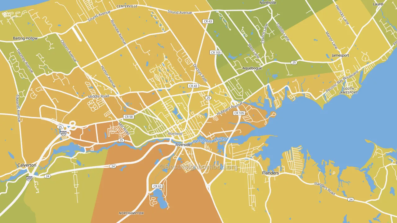 Map of the best neighborhoods in the 11901 area, with better matches in green and worse matches in red