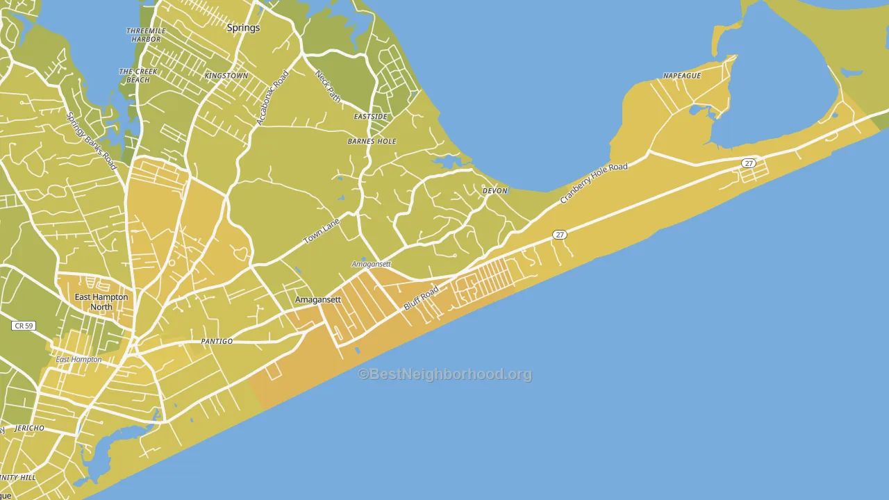 Map of the best neighborhoods in the 11930 area, with better matches in green and worse matches in red