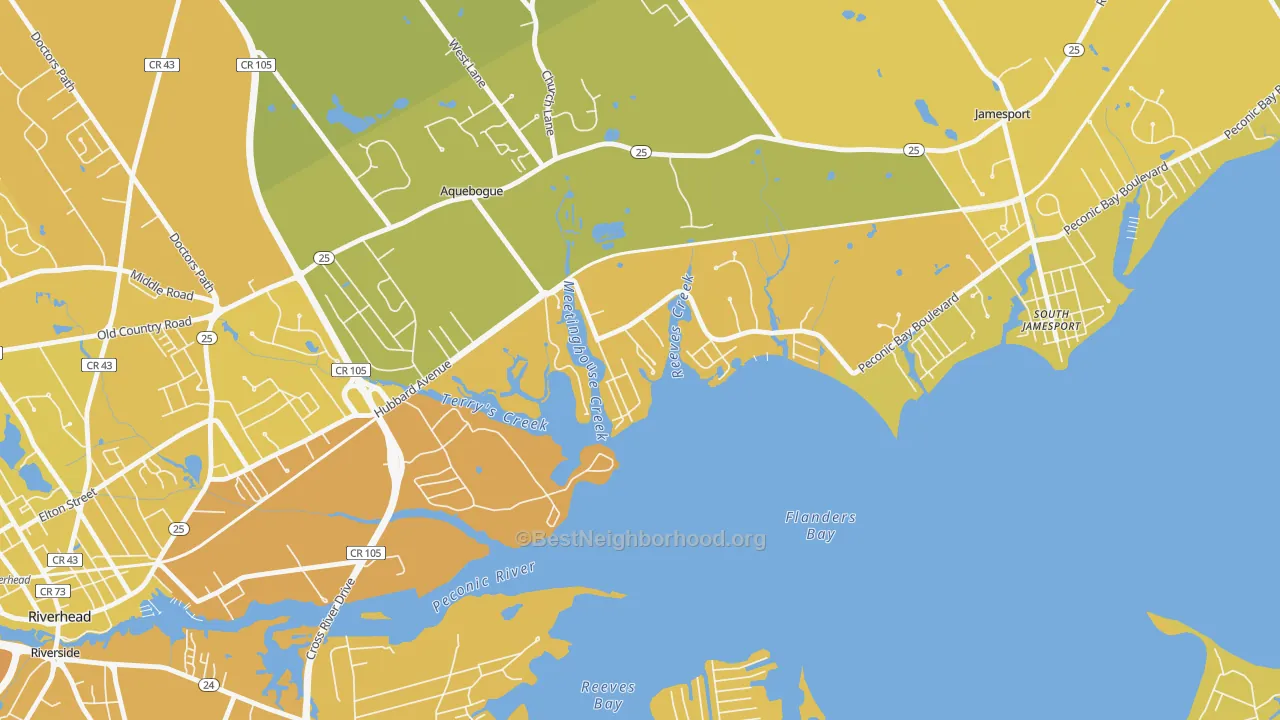 Map of the best neighborhoods in the 11931 area, with better matches in green and worse matches in red