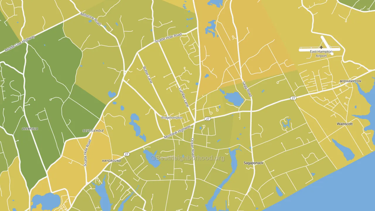 Map of the best neighborhoods in the 11932 area, with better matches in green and worse matches in red